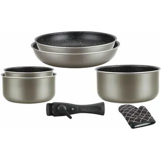 Herzberg HG8053 BLK Kochgeschirr, Set bestehend aus 3 Induktionstöpfen und 2 Allherd-Pfannen in verschiedenen Größen und 1 Topfhandschuh, Marmor-Antihaftbeschichtung, Abnehmbare Griffe, Kupfer
