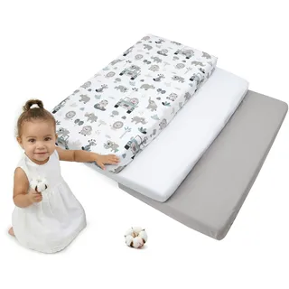 Medi Partners Spannbettlaken 60x120 3-Pack Baby Bettlaken Kinderbett Spannbetttuch 100% Baumwolle - Fitted Kinder Sheet Bettwäsche Babymatratze Schlafsack Babybett (Mint Zoo-Weiß-Graue)