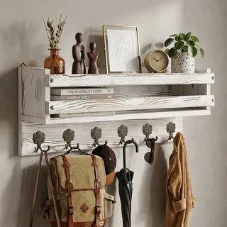 Bekrvio Garderobenleiste Holz mit Ablage, 6 Doppelhaken, 58 cm Wandgarderobe aus Kiefernholz, Rustikal Vintage, für Flur, Eingangsbereich, Schlafzimmer, Weiß