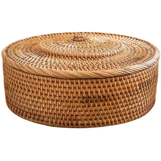 GREOHNMPAW Rattankorb mit Deckel, Handgewebter Aufbewahrungskorb, Weidenkorb mit Deckel zum Ordnen, Rattanbox, Rattan-Aufbewahrungsbehälter