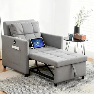 3-in-1 Schlafsofa mit schlaffunktion,1-Sitzer schlafsessel mit bettfunktion & Seitentasche,Verstellbarer Rückenlehne umwandelbarer Stuhl Bett mit USB/Typ-C fürs Wohnzimmer Schlafzimmer 82x188cm(Grau)