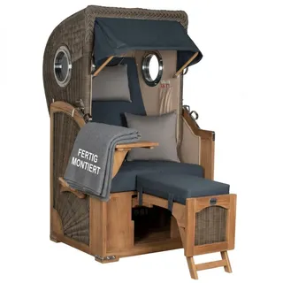 MR.DEKO Strandkorb Düne Single 1-Sitzer Bullauge Teak PE-Geflecht Grey 96x165x80, BxTxH: 96x80x165 cm, Vollieger, Düne Single, (Fertig montierter Strandkorb für Garten, Terrasse & Balkon, 1-tlg), Wetterfester Volllieger mit Edelstahlbeschlägen & waschbaren Polstern blau