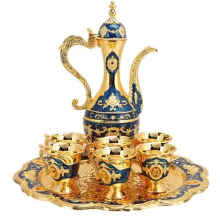 Vintage Türkische Kaffeekanne Set, Teekanne Kit Mit Tablett 6 Teegläser Kaffeetassen Kaffekanne Marokkanische Tea Party Heimkunst Handwerk Hochzeit Einweihungsgeschenk Teeservice (Blau)