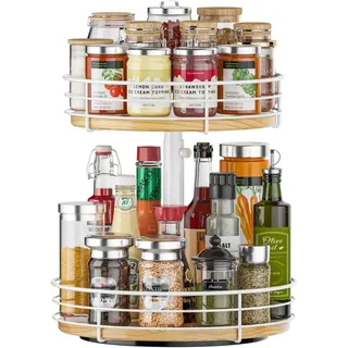 Lazy Susan Drehteller mit Zwei Ebenen, höhenverstellbar, 2 Etagen, Holz, 30,5 cm, drehbares Gewürzregal, Organizer für Schrank, Esstisch, Küche, Badezimmer, Arbeitsplatte, Weiß