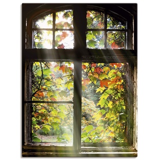 Artland Leinwandbild Wandbild Bild auf Leinwand 30x40 cm Wanddeko Fensterblick Fenster Herbst Natur Landschaft Altbau Sonne Baum T5XH