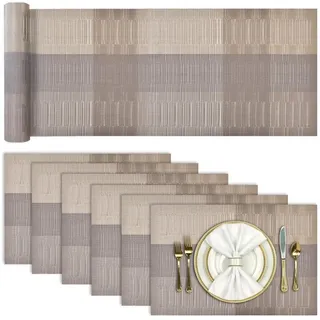 LuxusKollektion Platzset Tischläufer Platzsets Abwaschbar PVC Rutschfest 7er Set Bambus-gold bunt