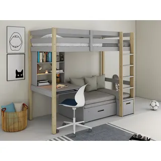 OTTO home Etagenbett HENNE' TOPSELLER! Hochbett, Ideal für kleine Räume, 2 Schlafplätze (zweiter Schlafplatz ausziehbar, B/H/T ca. 208/180/105cm), mit Polsterauflagen, Schreibtisch, Stauraum, seitenverkehrt montierbar grau