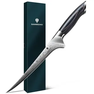 SANMEIHO Filetiermesser aus Pulverstahl, Japanisches Filetiermesser Fisch 18cm, Professionelles Fischfiletiermesser aus Kohlenstoffstahl, Filitiermesser Scharf mit Ergonomischem Pakkaholzgriff