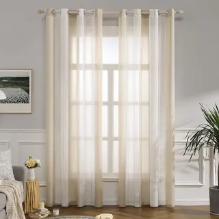 MIULEE Gardinen Gestreift Transparent mit Ösen, Voile Vorhänge Wohnzimmer Modern 2er Set, Vorhang Schlafzimmer Transparent mit Beige Weiss Gestreift Muster, Vorhang Halbtransparent Streifen 140X225 cm