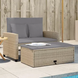 IKAYAA Rattan Lounge 2 Sitzer, Gartensofa mit Hocker, Beige und Grau