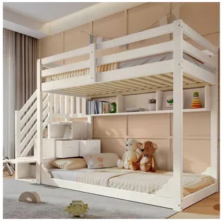 BlingBin Etagenbett Kinder-Etagenbett 90x200 cm Weiß mit Treppenschrank & Stauraum (1-St., Holz Hochbett für 2 Kinder, Sicherheitsgeländer, Regalfächer), EN 747, ohne Matratze weiß