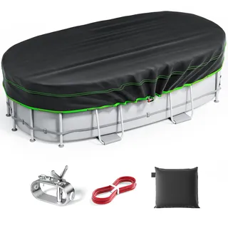 Ovale Poolabdeckung, 3,6 x 6,2 m, strapazierfähig, solarbetrieben, rechteckig, wasserdicht, reißfest, mit Seilwinde und Kabel, ideal für den Winter und staubdichte Nutzung