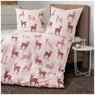 JANINE Davos Tiere Baumwolle Beige/Bordeauxrot 155 x 200 cm + 80 x 80 cm