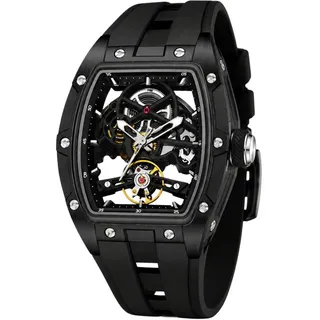 S&T Design Automatikuhr Armbanduhr Herren Uhr Edelstahl Silikon Skelett Skelleton, (inkl. Geschenkbox, Schnalle), Mechanisch 50M Wasserdicht Rechteckig
