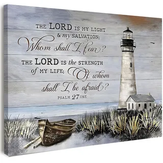 Lmovutcom Ungerahmte Leinwand Wandkunst Drucke, Psalm 27 Bibelvers Malerei, Leuchtturm am Strand mit Vintage Holzstruktur Ästhetik Bilder Poster, Christliche Wanddeko für Wohnzimmer Flur