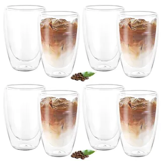 Oungy 8 Stück Latte Macchiato Gläser Doppelwandige, 450ml Thermogläser Doppelwandige Kaffeegläser Doppelwandig, Cappuccino Gläser Doppelwandig aus Borosilikatglas, für Eis, Iced Americano, Milch, Saft