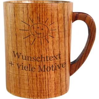 Holztasse mit Gravur – Holzbecher mit Name, Spruch + Motiv, personalisierter Trinkbecher mit Griff, Holz Tasse als Weinbecher, Biertasse, Outdoor, Camping, Wandern, Eichenholz, 280 ml