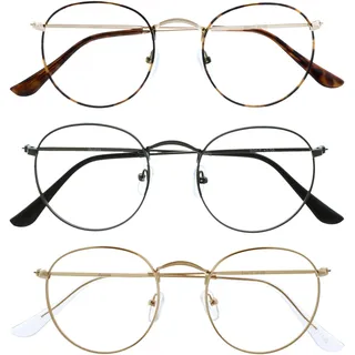 OPULIZE Sol - Lesebrille 3er Pack Blaulichtfilter Runder Metall Retro Rahmen Verbessern Den Schlaf Computer Gaming Entspiegel Braun Metallgrau Herren Gold Damen BBB94-279 +1.50