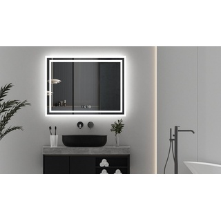 WDWRITTI Spiegel Badspiegel Led 80x60 mit Uhr Wandspiegel mit beleuchtung 3Lichtfarben (LED Spiegel Lichtspiegel, mit Touch, Wandschalter, Dimmbar, Speicherfunktion), Energiesparend, IP44 bunt