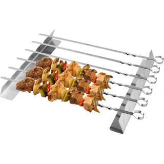 BBQ Schaschlikspieße Edelstahl Grillspieße Shashlik Skewer Set, 6 Stück Schaschlikgrill mit Festes Regal und Nylontasche fleischspieße Edelstahl für Outdoor Barbecue