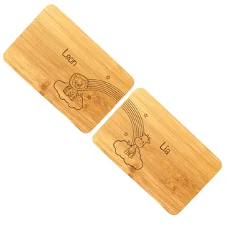 GRAVURITE - Personalisiertes Bambus Frühstücksbrettchen Set Löwe, Brotzeitbrett mit Gravur, Geburtsgeschenk Zwillinge mit Namen personalisiert, Regenbogenmotiv, Taufgeschenk Zwillinge, Geschwister
