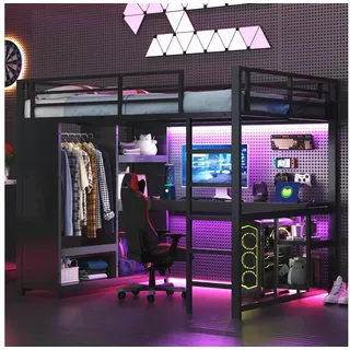 REDOM Hochbett Funktionsbett,Gästebett,Kinderbett (Metall-Gaming-Hochbett mit LED, Schreibtisch, Kleiderschrank und Ablagefächern) 145 cm x 204 cm x 180 cm