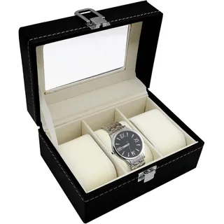 JJQHYC Uhrenbox 3 Fächern Uhrenkasten mit Glasdeckel, Elegante Schmuckbox für Herren und Damen, Uhren Organizer Aufbewahrungs Leder Uhrenbox Schwarz