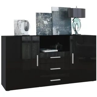 Vladon Sideboard Skadu (Kommode, mit 2 Türen, 3 Schubladen und 1 offenem Fach), Schwarz matt/Schwarz Hochglanz (138,5 x 71,5 x 35 cm) schwarz