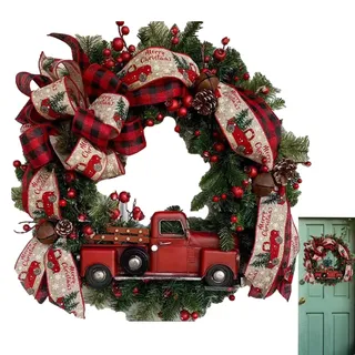 A/R Roter LKW-Weihnachtskranz | 40 cm 15,7 Zoll künstlicher mit roten Beeren und Schleife,Frohe Weihnachten hängende Dekoration Eukalyptus Girlande für Haustür Fenster Kamin
