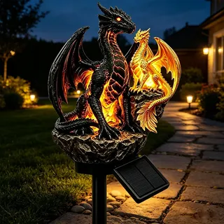 XPDUXK Dragon Legacy Golden Ember Edition Solar Gartenleuchte, Drachen-Solar-Gartenleuchte, Drachen Statuenlampe für Garten und Hof, Gotische mittelalterliche Fantasy-Halloween-Dekoration,B