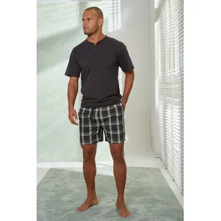 H.I.S Pyjama (2 tlg., 1 Stück) Schlafanzug mit karierter Webshorts grau|grün 48/50