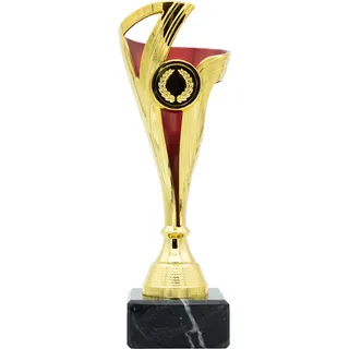 Pokal mit Wunschtext – 22 cm - Gold, Silber, Bronze, SI-Blau & Go-Rot – inkl. Gravurschild und Emblem - Trophäe für Sport, Geburtstag, Firma, Schule, Kinderwettbewerb (Gold-Rot)