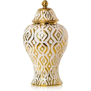 Famanu Keramische Vase mit Deckel 32 cm - Weiß Gold für Interieurdekoration