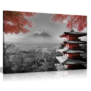 Panther Print, Leinwandbild, gerahmt, für Wohnzimmer und Schlafzimmer, japanischer Tempel im Herbst, Schwarz, Weiß und Rot, 76,2 x 50,8 cm