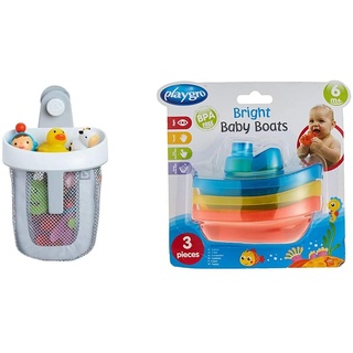 Munchkin Aufbewahrungskorb für Baby-Badespielzeug, Badewannen-Organizer mit abnehmbarer Wandhalterung für das Bad & Playgro Badeboote, 3 Stück