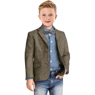 Blazer für Jungen, Retro-Fischgrätenmuster, Sport Sakko, formeller Tweed gemustert, klassische Kinderjacke für Jungen, Hochzeit, Casual Jacke, Braun, 10 - 10