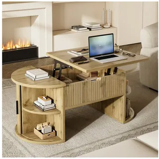 STILVORA Couchtisch höhenverstellbarer Sofatisch mit Offene Regale versteckter Stauraum (Kaffeetisch mit Höhenverstellbare Tischplatte Schiebetüren, Elegantes, modernes Design mit Retro-Charme), als Schreibtisch oder Esstisch