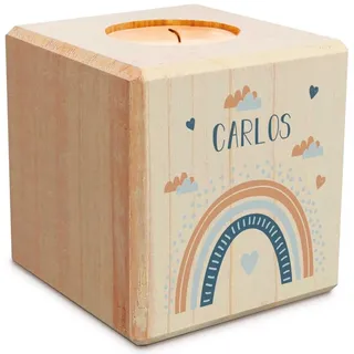 GRAVURZEILE Teelichthalter aus Holz mit UV Druck - Regenbogen - Personalisiert mit Namen - Geschenke für Mädchen und Jungen zum Geburtstag zur Kommunion Konfirmation und Taufe - Blau