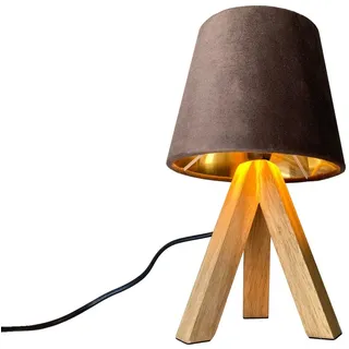 meineWunschleuchte Tischleuchte mit Holz & Samt Lampenschirm, Höhe 27cm, ohne Leuchtmittel, kleine Nacht-Tischlampe skandinavisch mit Holzfuß & E14 Stoff-Schirm braun
