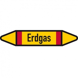 Aufkleber I Rohrleitungsetikett Erdgas, DIN 2403, gelb/schwarz/rot, für Ø 40-60mm, 179x37mm, 5/Bogen I 3 Stk