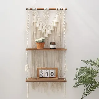Dormitology Boho Makramee Wandregal, 2 Schichten Handgemachte Holz Schweberegal Wanddeko, Böhmische Regal für Balkon Badezimmer Wohnzimmer (Doppelt)