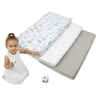 Medi Partners Spannbettlaken 60x120 3-Pack Baby Bettlaken Kinderbett Spannbetttuch 100% Baumwolle - Fitted Kinder Sheet Bettwäsche Babymatratze Schlafsack Babybett (Hirsch und Igel-Weiß-Graue)