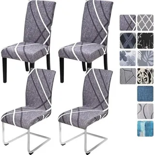Famanu Stuhlhussen Set von 4/6 - Graue elastische Hussen mit weißen Linien