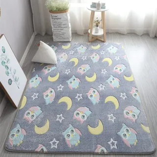XMwike - Leuchtender phosphoreszierender Teppich für Kinder, rutschfest, für Kinderzimmer und Wohnzimmer, dunkelgrau mit Eulen, 160 x 120 cm