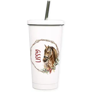GRAZDesign Cocktailbecher mehrweg mit Deckel, personalisiert mit Namen, Pferd mit Kranz, Trinkbecher mit Trinkhalm aus Edelstahl, ideal als Geschenk
