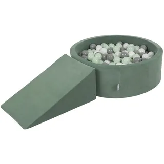 KiddyMoon Spielplatz Velvet Aus Schaumstoff Rund Bällebad Bällebad (100 Bälle) + Zwickel Ballgruben Babys Spielbad, Waldgrün: Weiß/Grau/Minze