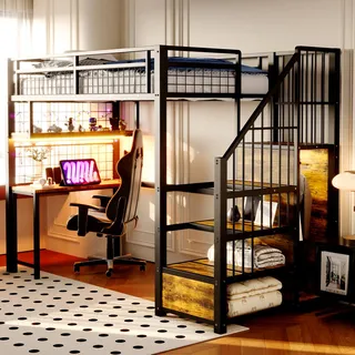 Merax Metall-Hochbett 90x200 cm mit Schreibtisch, Regalen und Gitterwand, Hochbett mit LED-Lichtleiste und Steckdosen, Stauraumtreppe mit Kleiderschrank, platzsparendes, Schwarz (ohne Matratze)