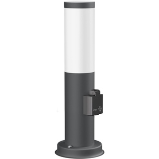 ledscom.de Pollerleuchte PORU mit Steckdose für außen, anthrazit, rund, 38,5cm, inkl. E27 Lampe, 471lm, extra-warmweiß