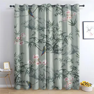 SZLYZM Chinoiserie Orientalisch Vorhänge, Verdunklungsvorhänge mit Muster Blumen Vogel Grün Blatt, Vorhang Blickdicht mit Ösen, Gardinen für Wohnzimmer Schlafzimmer Deko 2er Set - 200x140 (H X B)