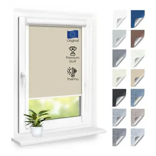 Rollo Premium Blackout Thermo Kassettenrollo mit Seitenführung, DomDeco, blickdicht, ohne Bohren, zum Kleben oder Schrauben beige|grau 80 cm x 110 cm